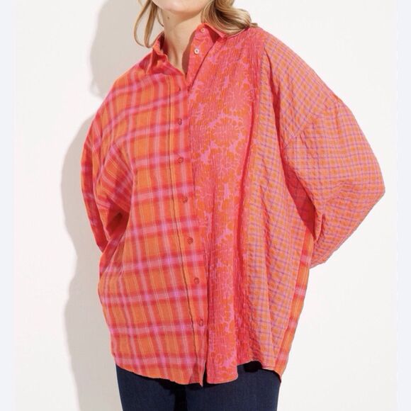 Desigual Patchwork Plaid Shirt Orange Pink Red Womens Small Oversized Button Up - Picture 4 of 15
